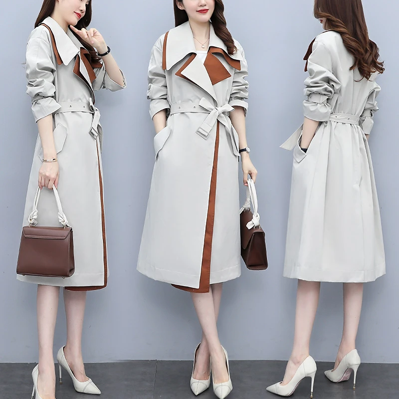 大气中长款拼接撞色加厚风衣外套女可拆卸双层大翻领时尚收腰大衣