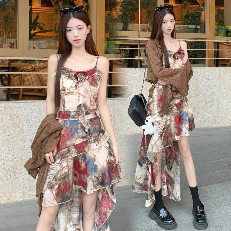 实拍~大码女装2025春夏新款复古提花高级油画拖尾裙摆吊带裙套装