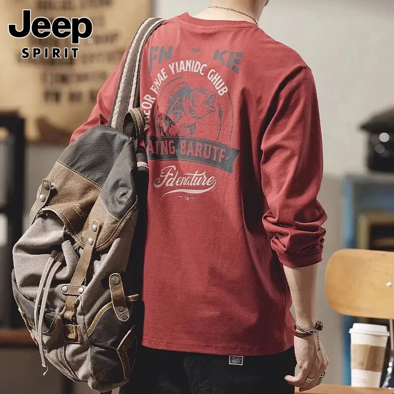 jeep吉普美式260g重磅纯棉长袖男士春秋新款宽松上衣潮牌红色青年