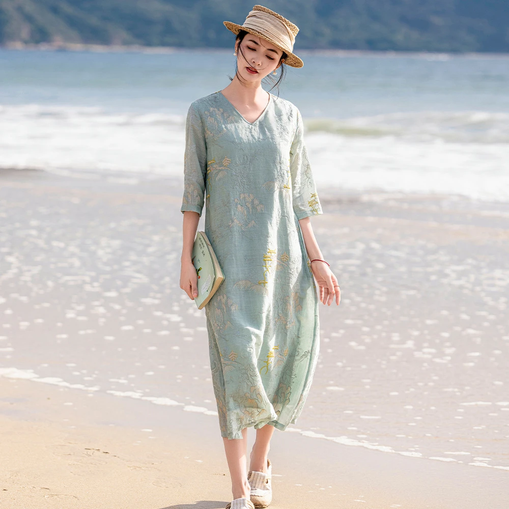 春夏气质重工绣花亭台复古V领连衣裙中国风长裙旗袍中长款文艺