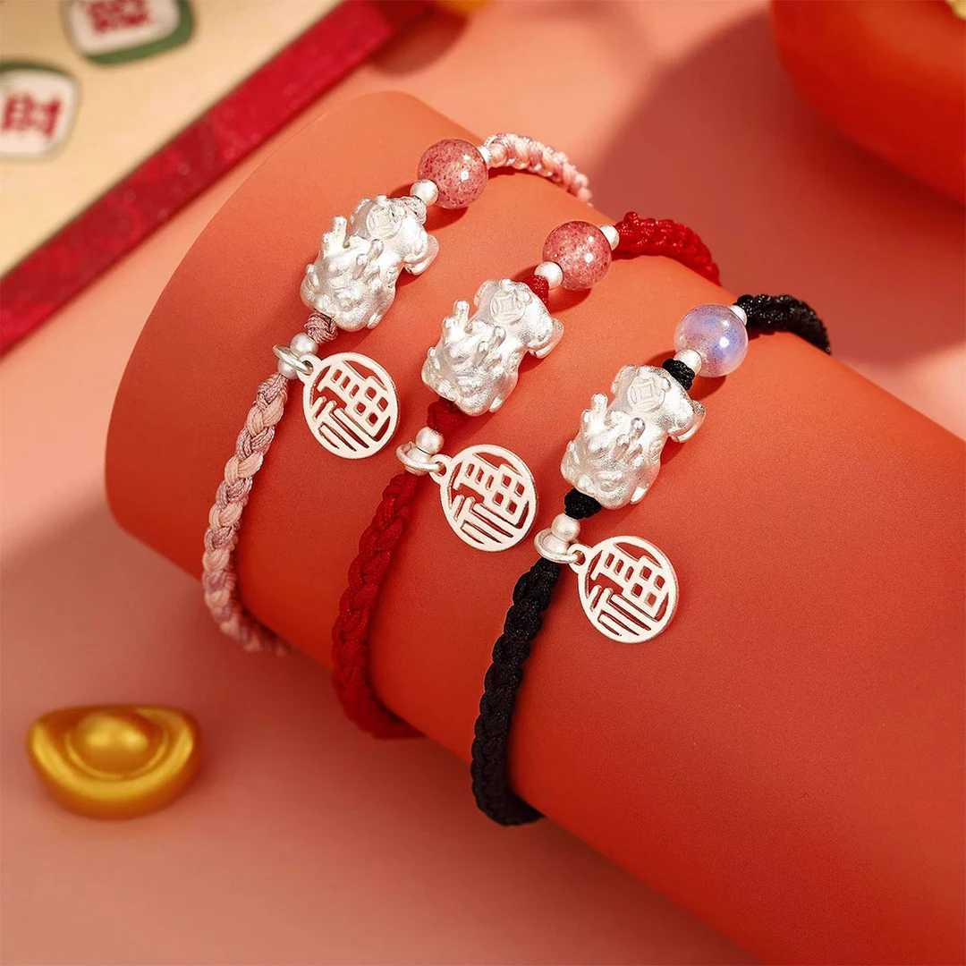 足银手链 招财貔貅福牌串珠手链女999足银小众编织情侣手绳送闺蜜