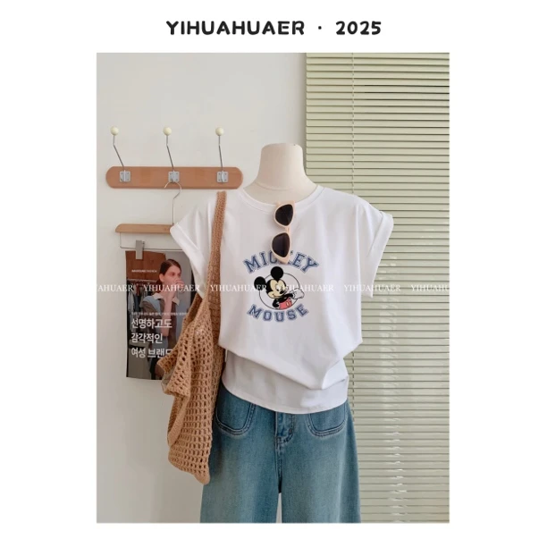 东大门韩系夏款卡通减龄印花百搭简约设计感休闲坎肩袖T恤3120