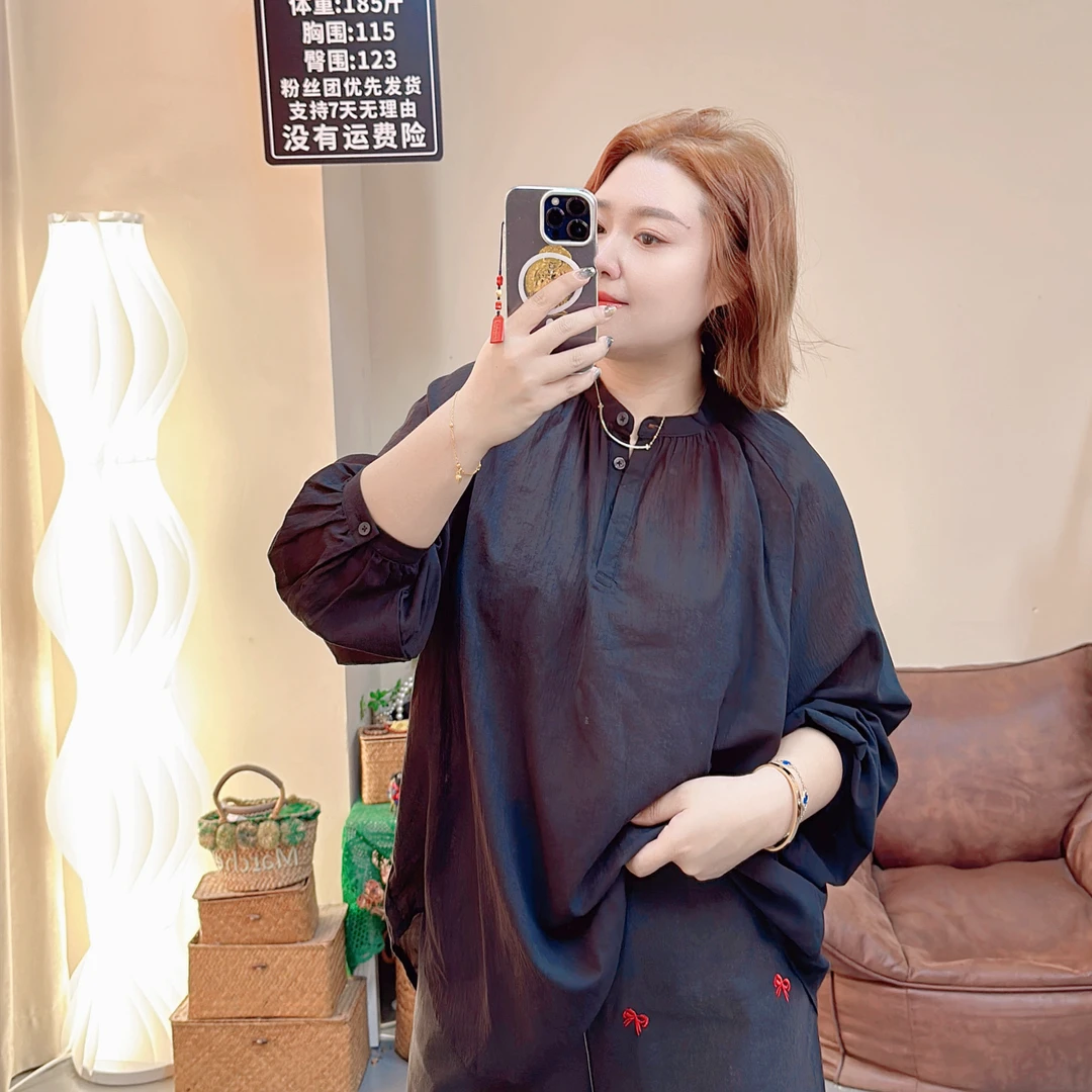 【程雅大码】春款长袖法式气质简约套头宽松显瘦微透薄款V领上衣