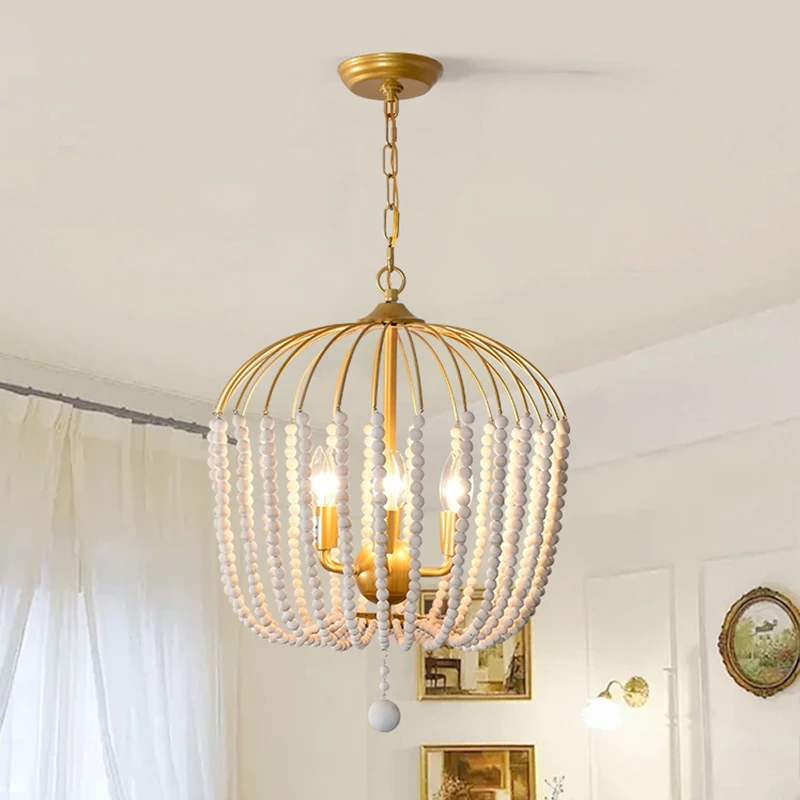 法式吊灯奶油风书房餐厅灯美式复古蜡烛灯卧室玄关过道金色木珠灯