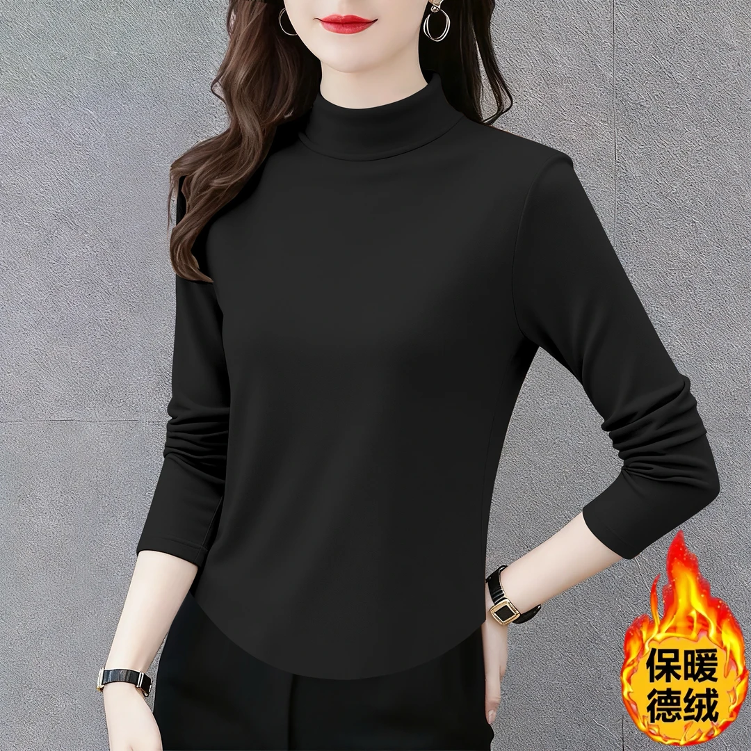 加厚双面德绒半高领打底衫女秋冬季新款百搭修身遮肚长袖保暖上衣