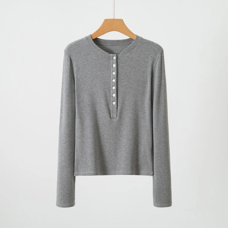 K034女士亨利领打底衫女内搭可外穿t恤秋季2025新款正肩修身上衣