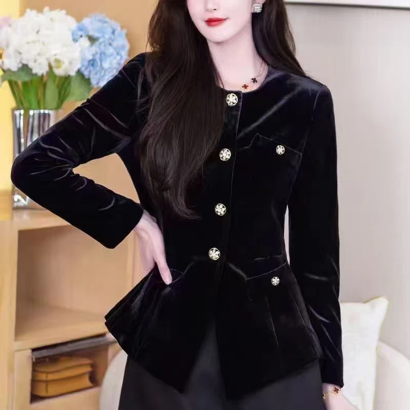 胖mm圆领单排扣修身小香风黑色丝绒短外套