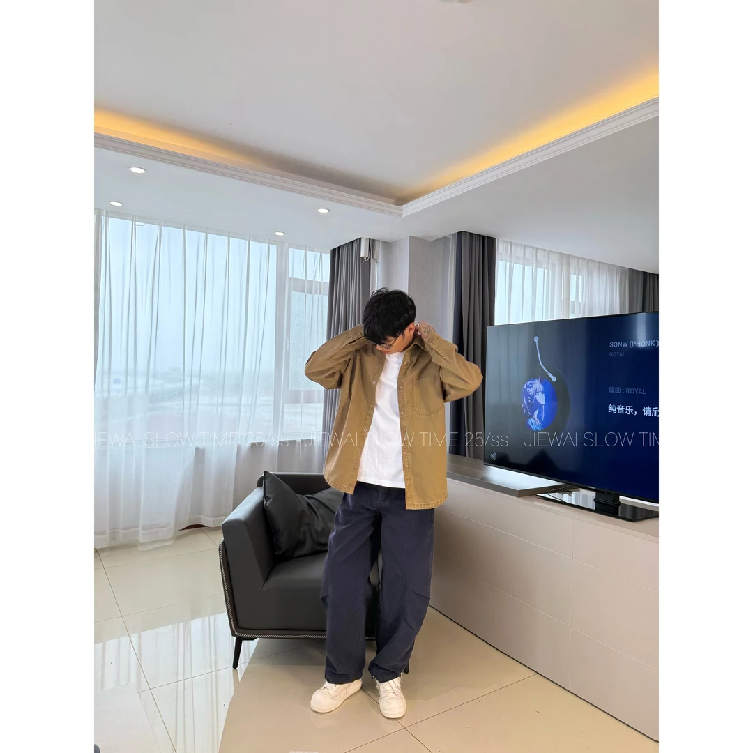 JIEWAI 25102【秋季新款ootd外套纯色衬衫日系复古水洗男士长袖】