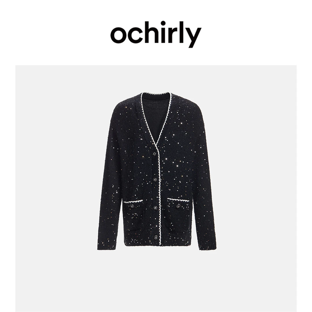 【达人】欧时力 V领小香风针织外套女新款早春毛衣法式亮片