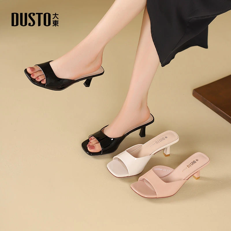 大东女鞋漆皮高跟凉鞋细跟一字拖鞋夏季新款气质百搭时尚鞋子0048