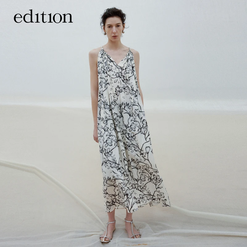 edition2025夏款度假风连衣裙女印花亚麻挂脖吊带长裙#EBD2DRSK05