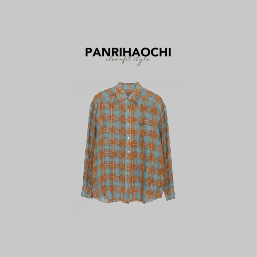 PANPAN“落日阳光"早秋新款复古气质简约翻领拼色格子衬衫