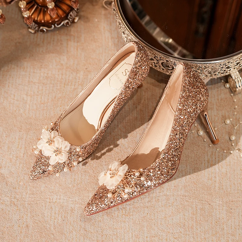 细跟增高结婚鞋尖头胶粘一脚蹬细跟高跟鞋气质宴会银色鞋子