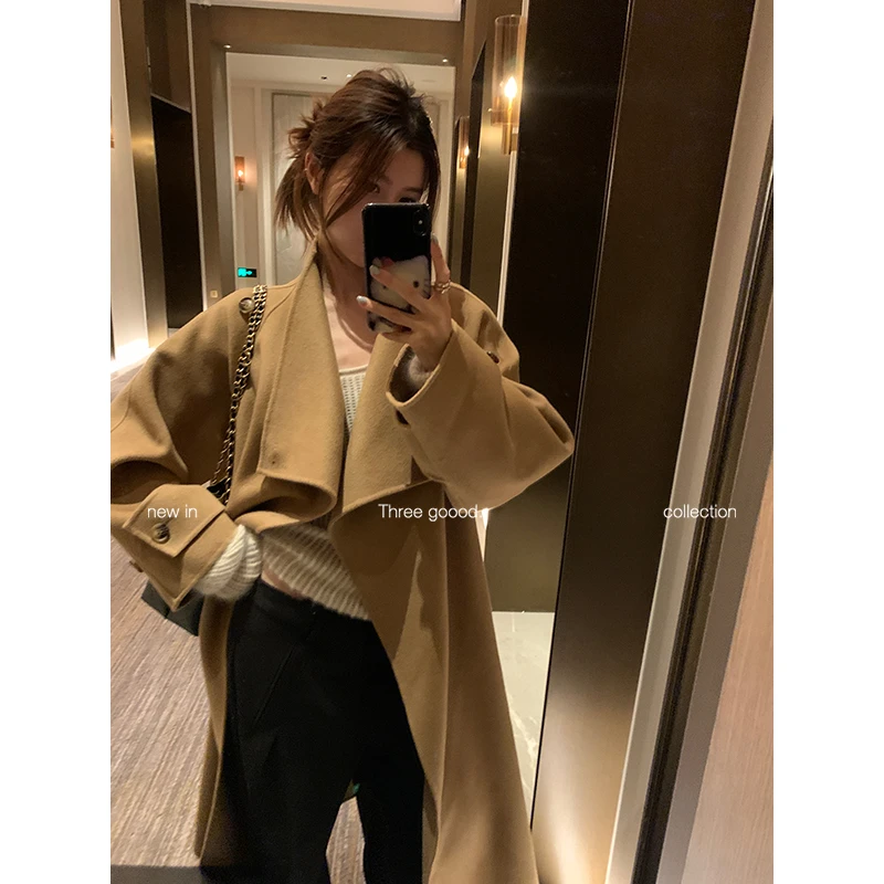 THREEGOOOD/三吉100羊毛简约大气大翻领长款双面呢外套Y725Z16110
