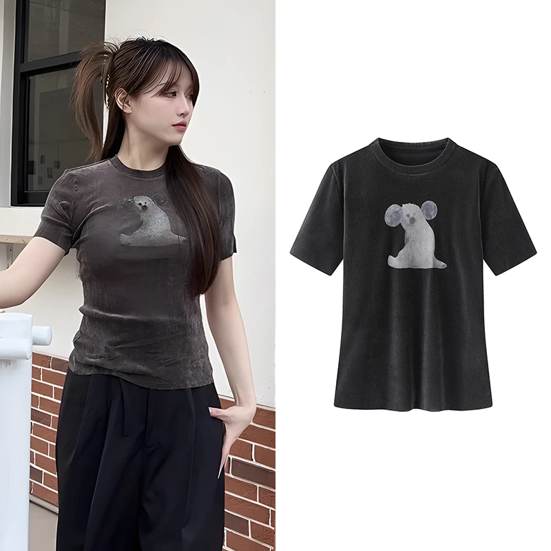 【JN】【商场同款】2025春新品植绒狗狗印花T恤时尚百搭气质显瘦J5097