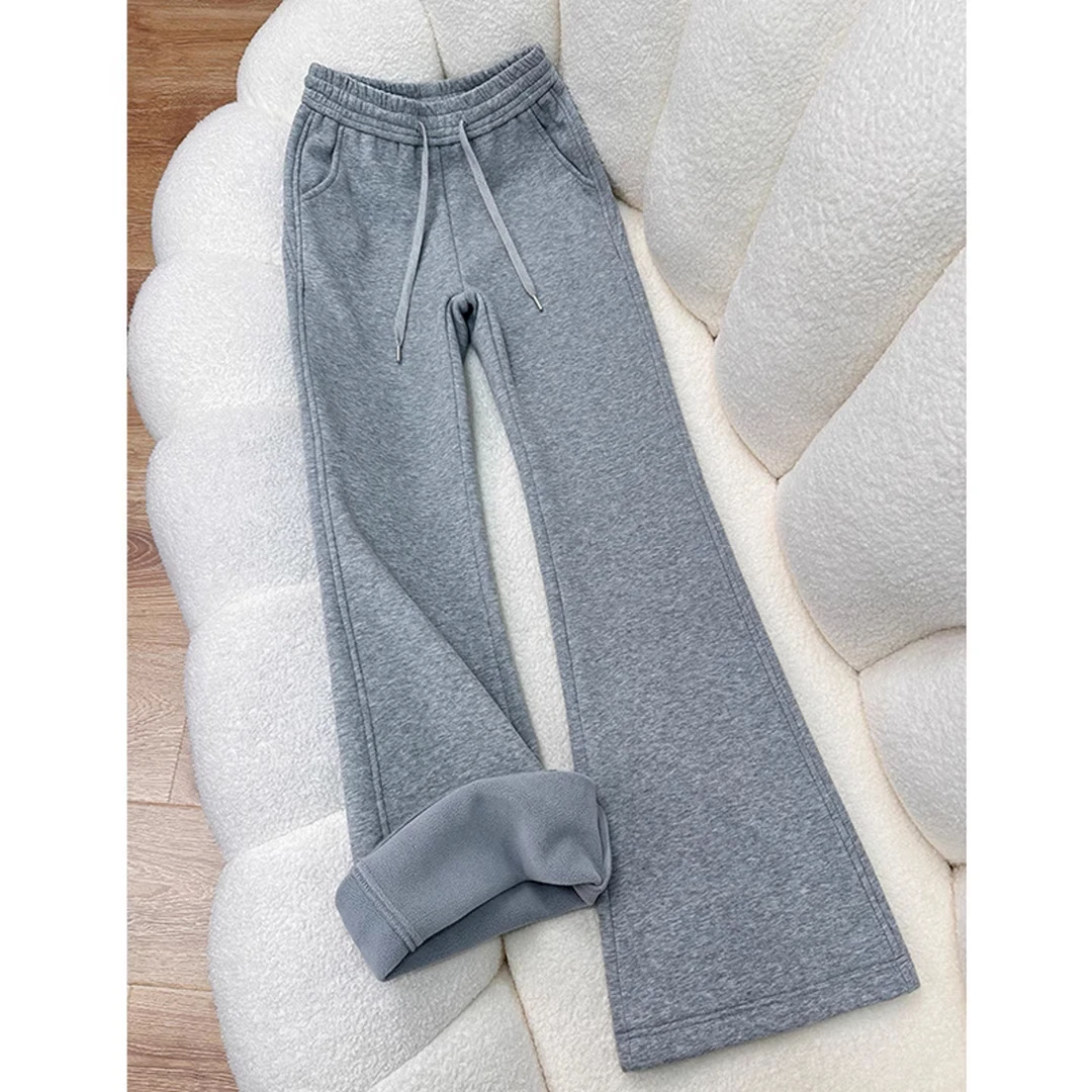 浅灰色加绒加厚微喇运动卫裤女秋冬高腰宽松显瘦小个子休闲喇叭裤