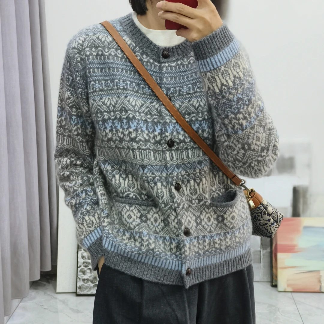 提花纯羊绒衫开衫圆领毛衣针织衫外套上衣