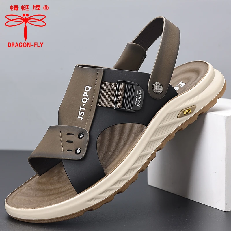 蜻蜓牌夏季新男款休闲凉鞋男士牛筋厚底外出开车真皮高档沙滩凉鞋