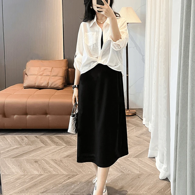 后妈裙夏装搭配一整套设计感扭结薄款长袖衬衫女夏季新款气质吊带