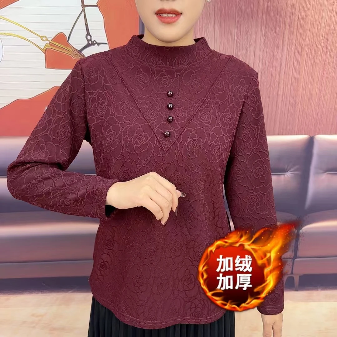 533冬季加绒加厚提花四个扣打底衫上衣妈妈装