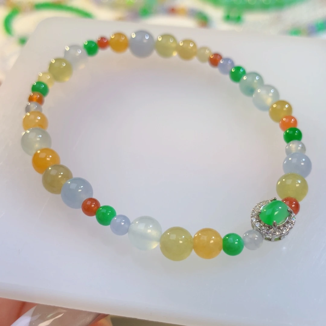 翡翠散珠冰甜阳绿蛋面多宝