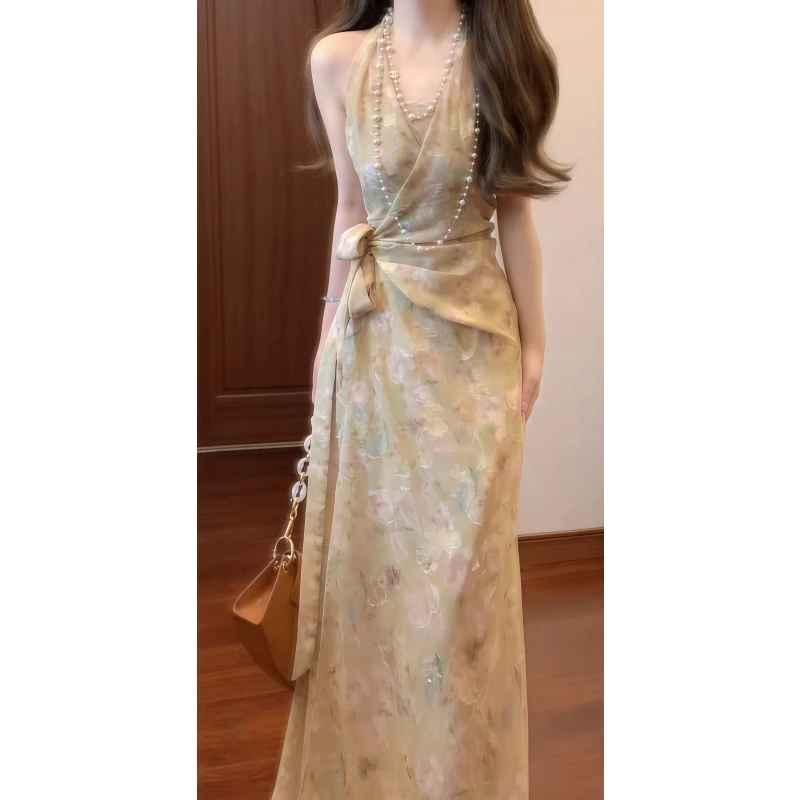 新中式国风玫瑰剪花绝美挂脖连衣裙收腰系带海边度假长裙9451