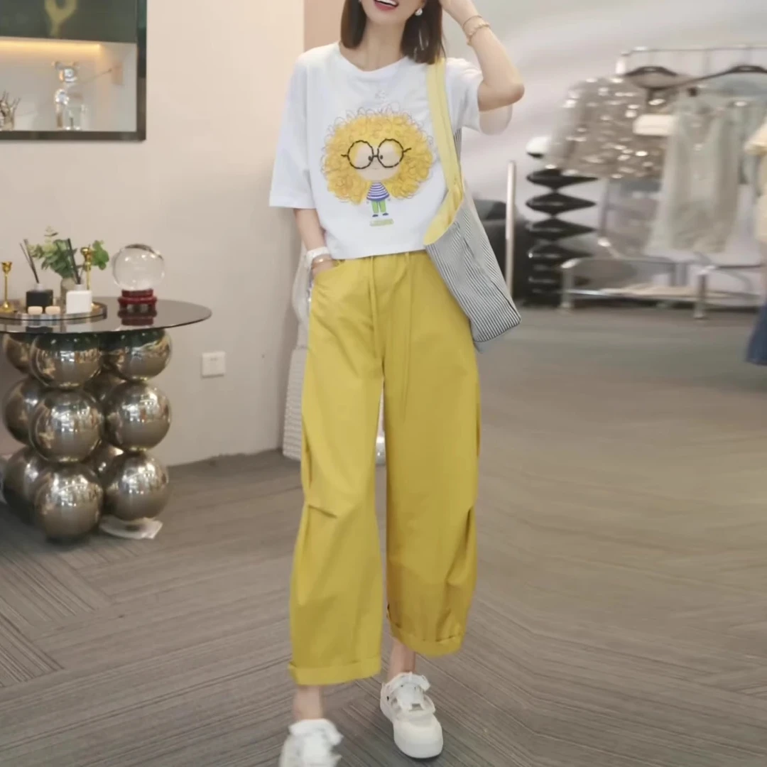 休闲套装女2025年夏季新款洋气减龄印花短袖T恤九分阔腿裤两件套