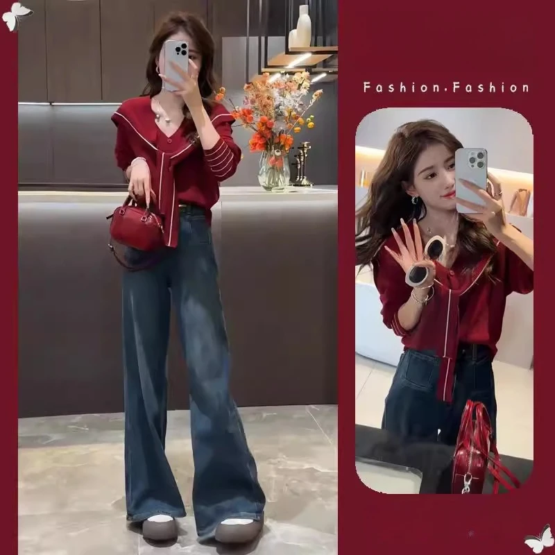 春秋韩系穿搭高级感时尚百搭安可拉红拼接坎肩针织衫牛仔裤两件套