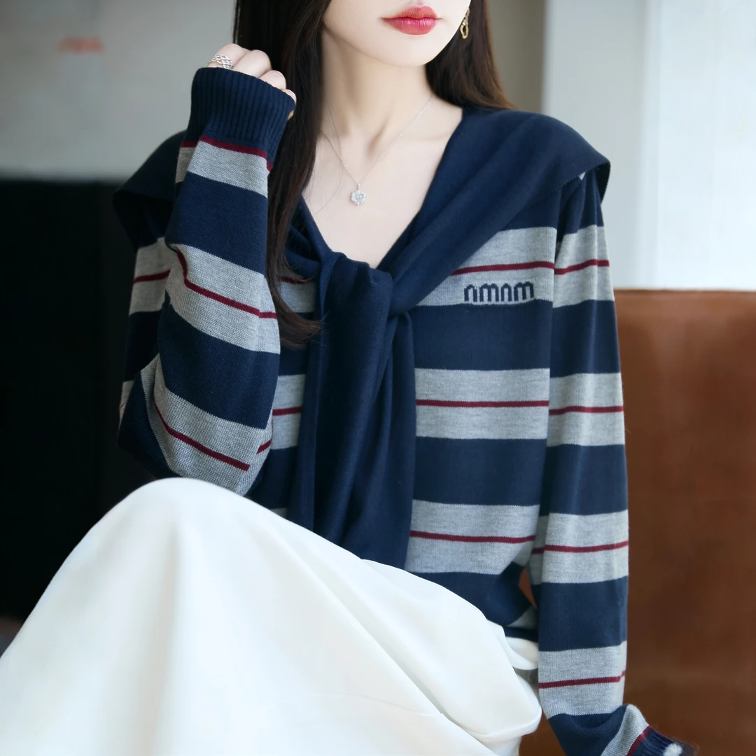 2025秋冬V领真两件披肩条纹毛针织衫女刺绣小众炸街毛衣女秋冬