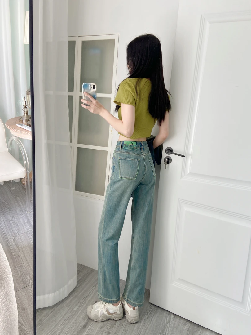 久爱李高腰女薄款夏季水洗蓝时尚直筒百搭修身4802设计感小个子