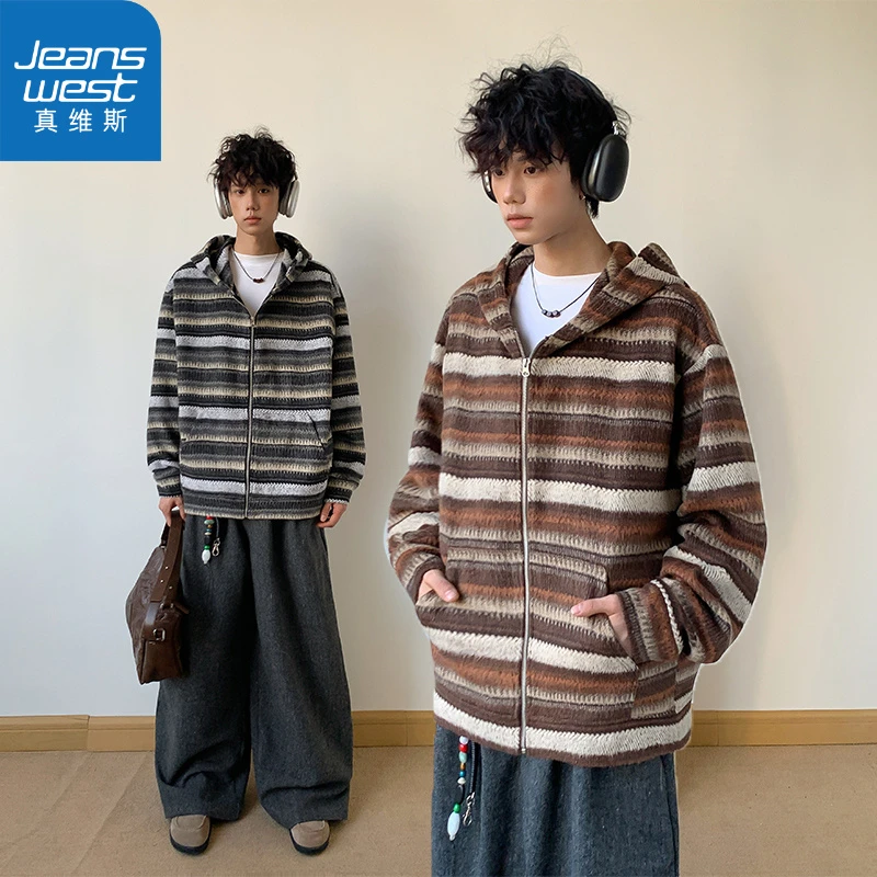 真维斯连帽卫衣男拉链复古撞色拼接条纹休闲宽松情侣长袖外套男