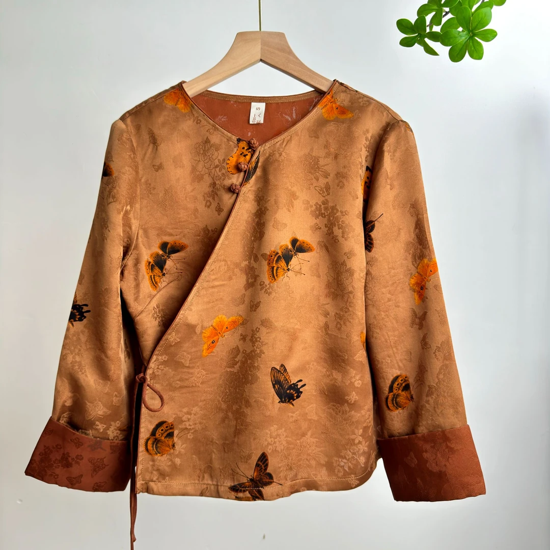 玉家人【勐蝶】原创新中式国风满分桑蚕丝棕咖色长袖上衣