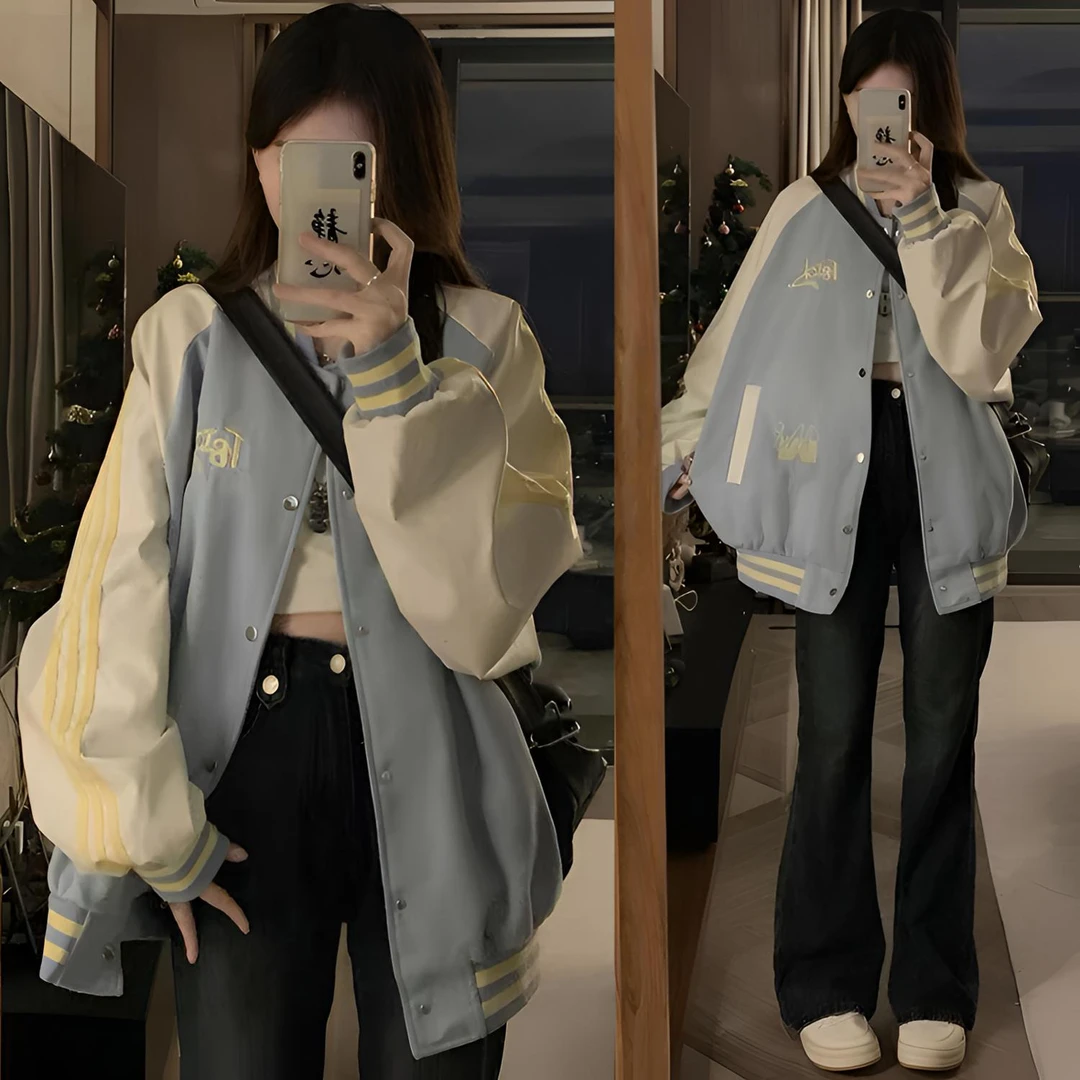 春秋季2025新款oversize夹克外套国潮美式撞色三条杆棒球服女宽松