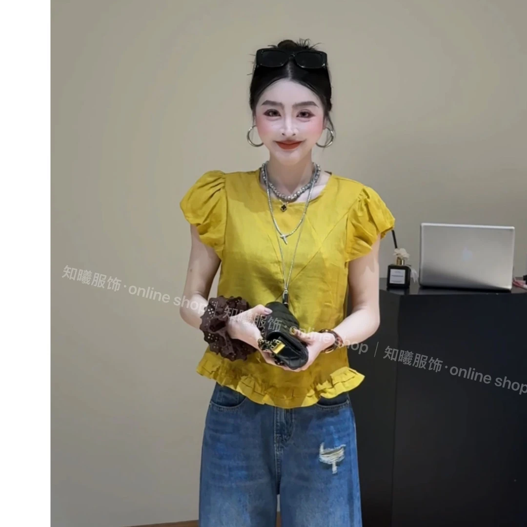 2025夏季新款宽松显瘦圆领时尚气质设计感下摆荷叶边衬衫8586