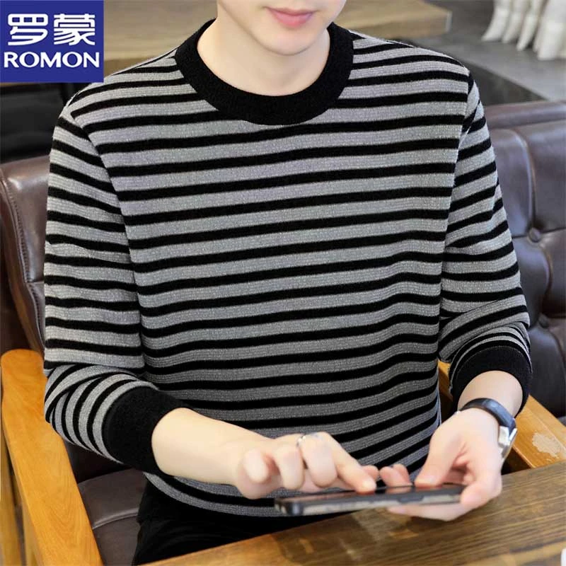 罗蒙冬季加绒加厚保暖长袖卫衣男士百搭条纹针织衫时尚圆领毛衣