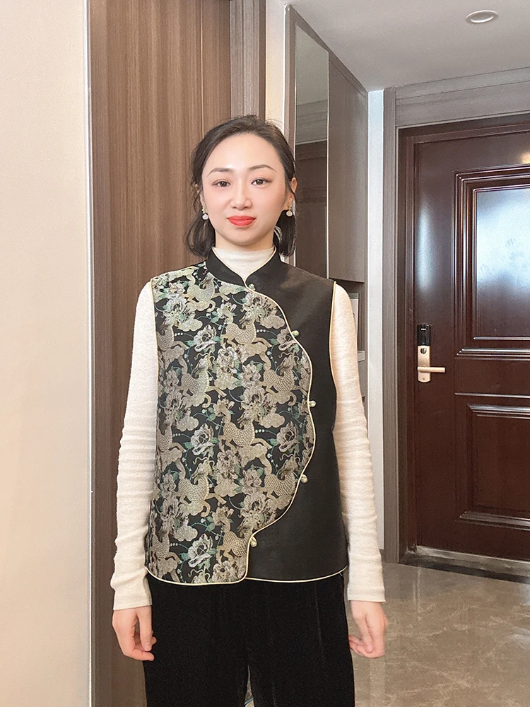 【麒麟牡丹】韩如艺新中式国风黑龟拼接满分桑蚕丝设计感春款马甲