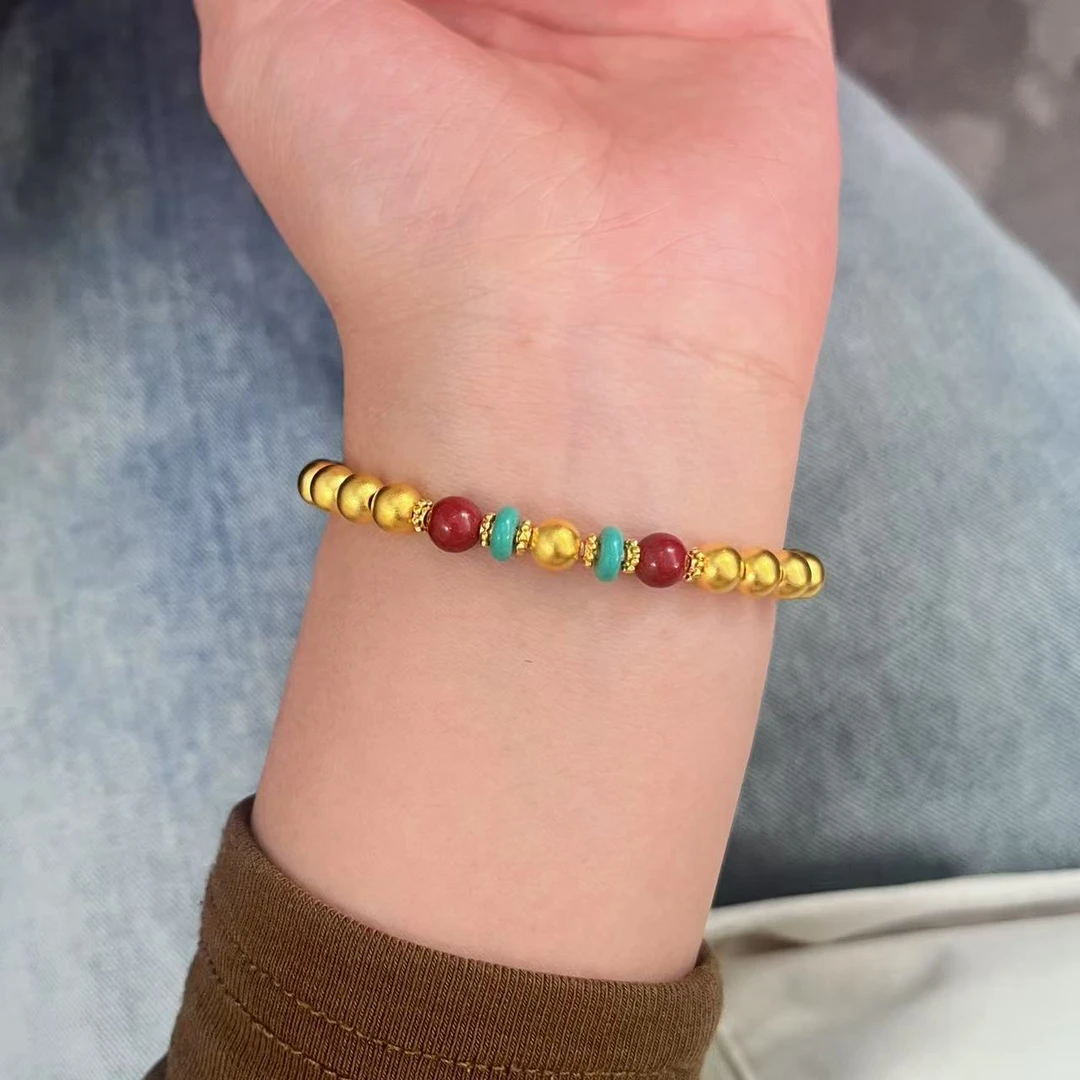 黄金 足金999 古法工艺 红绿福珠手串 珠珠手链新中式金重13.39克