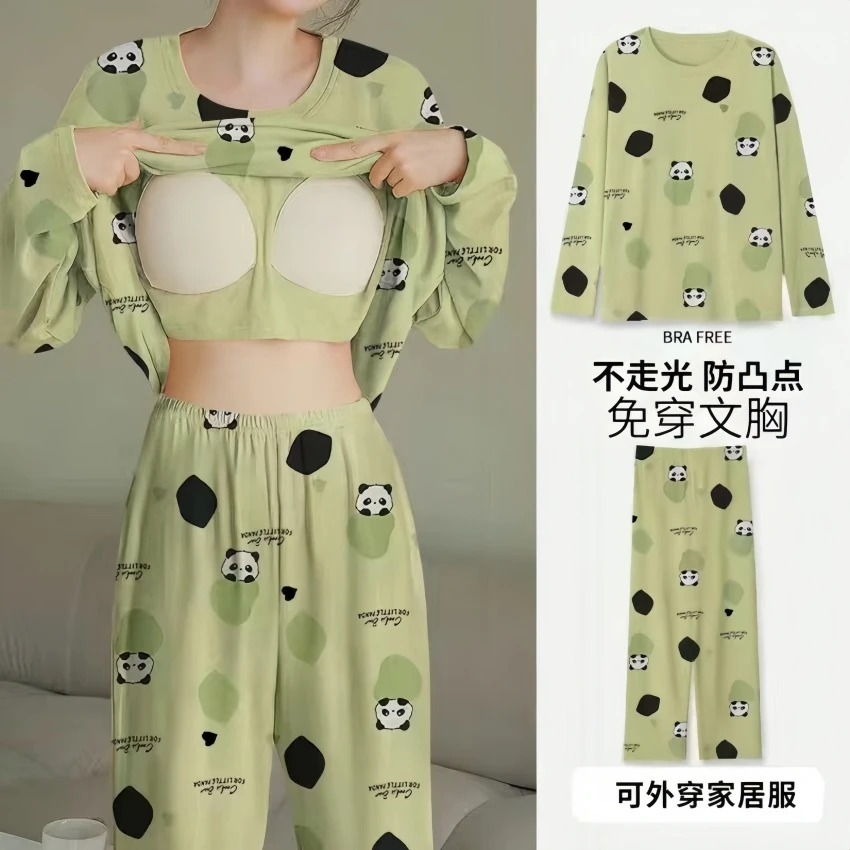 100%睡衣女士【带胸垫】春秋款长袖长裤套装宽松大码可外穿家居服