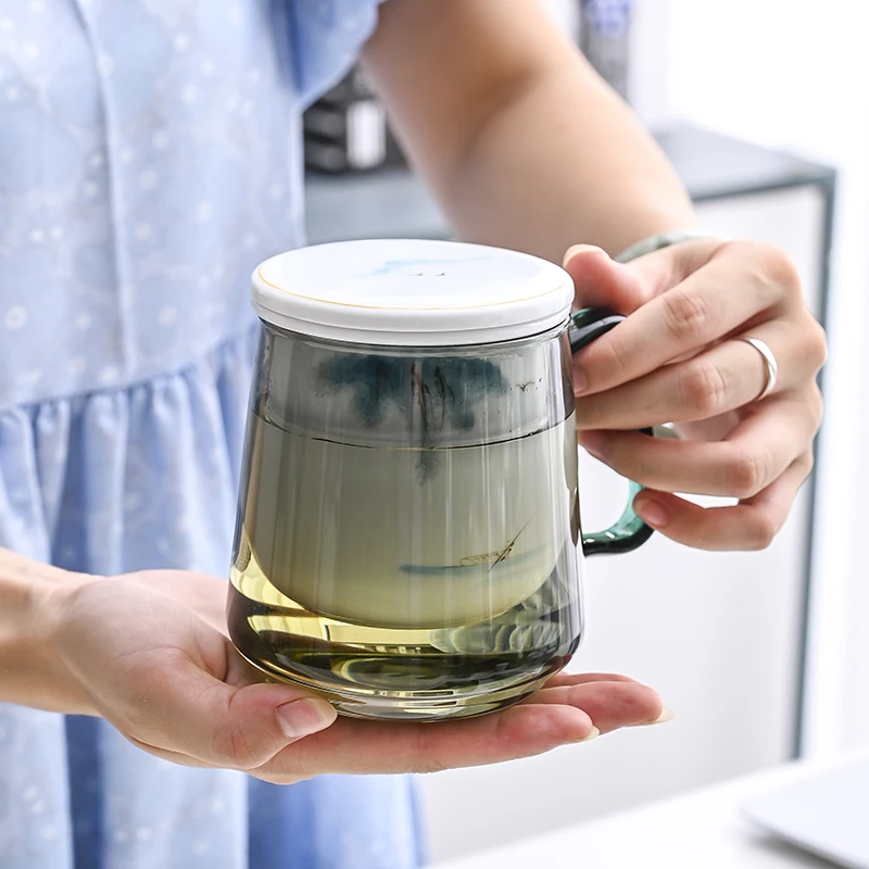 大号容量手绘釉下彩玻璃茶杯烟暮色带盖陶瓷过滤水杯马克杯泡茶杯