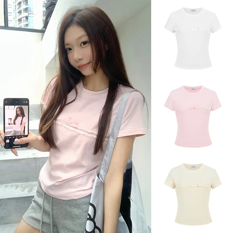 Moses Queen/魔西女王甜美小众蕾丝镂空蝴蝶结短袖T恤显瘦上衣