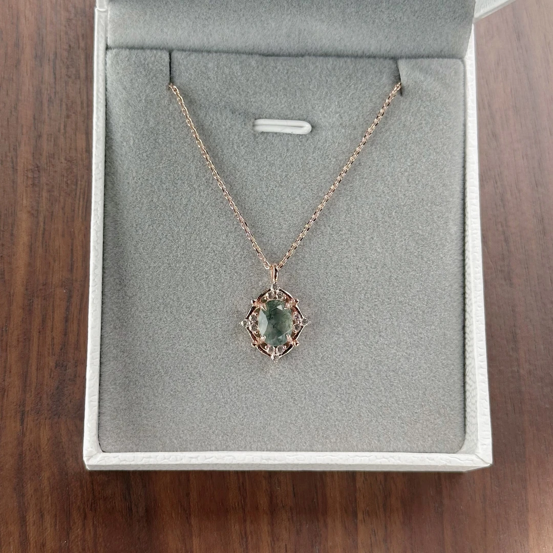 复古简约水草玛瑙项链s925银吊坠玫瑰金色