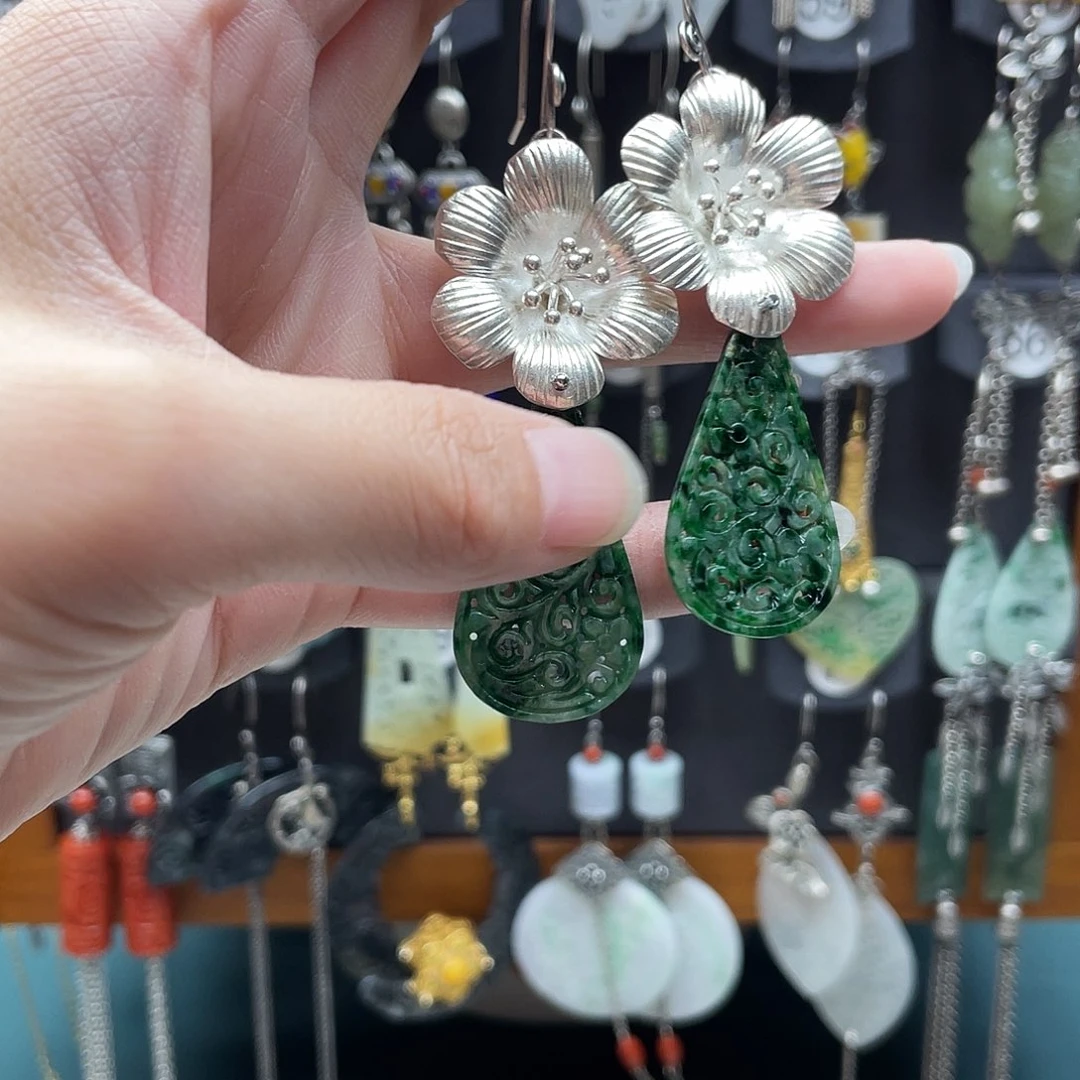 豫***）翡翠银S925镶嵌耳饰饰品