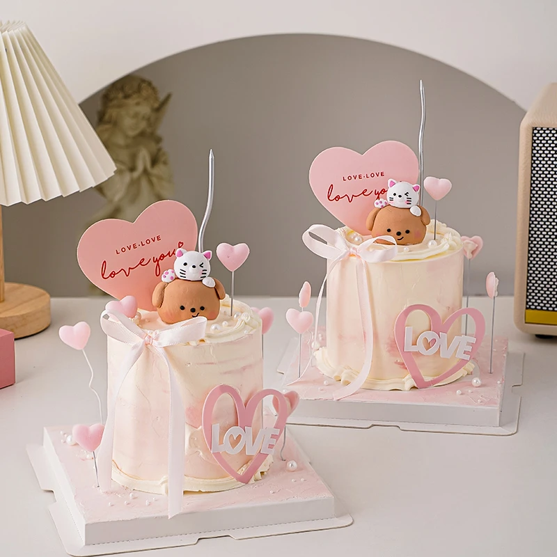 七夕情人节情侣小熊叠叠乐蛋糕装饰粉色loveyou卡片情侣表白装扮