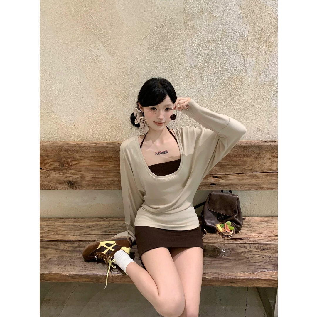 WRXS  慵懒松弛感休闲套装早秋长袖T恤女吊带内搭包臀短裙三件套