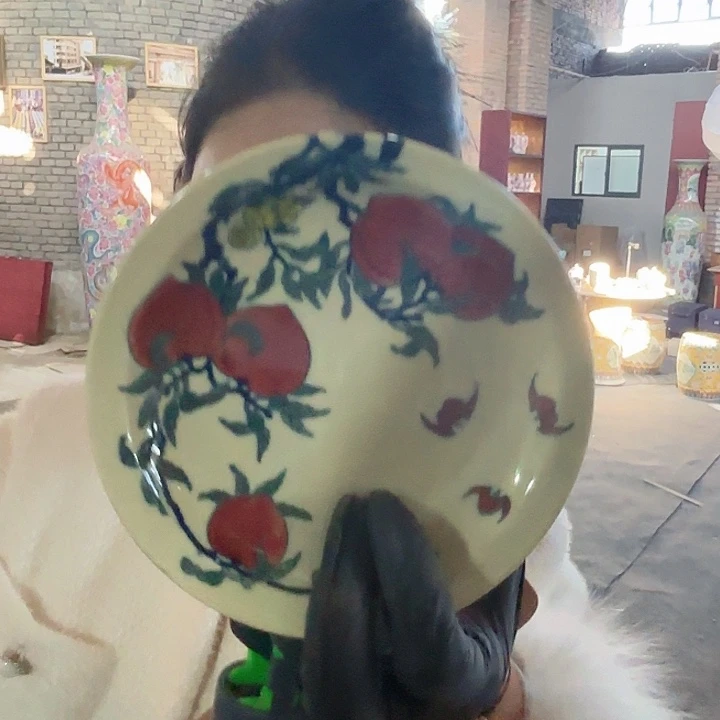 陶摆件景德镇高温陶瓷桃子画片碟子黄希希