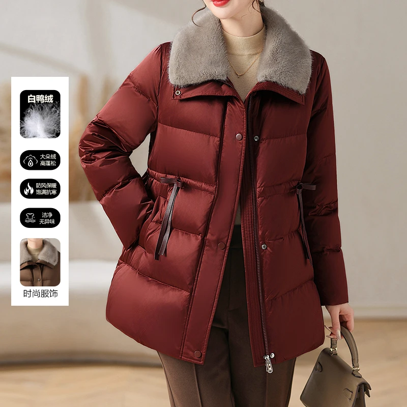 妈妈羽绒服冬季中长款中老年冬季外套女装洋气仿水貂领收腰白鸭绒