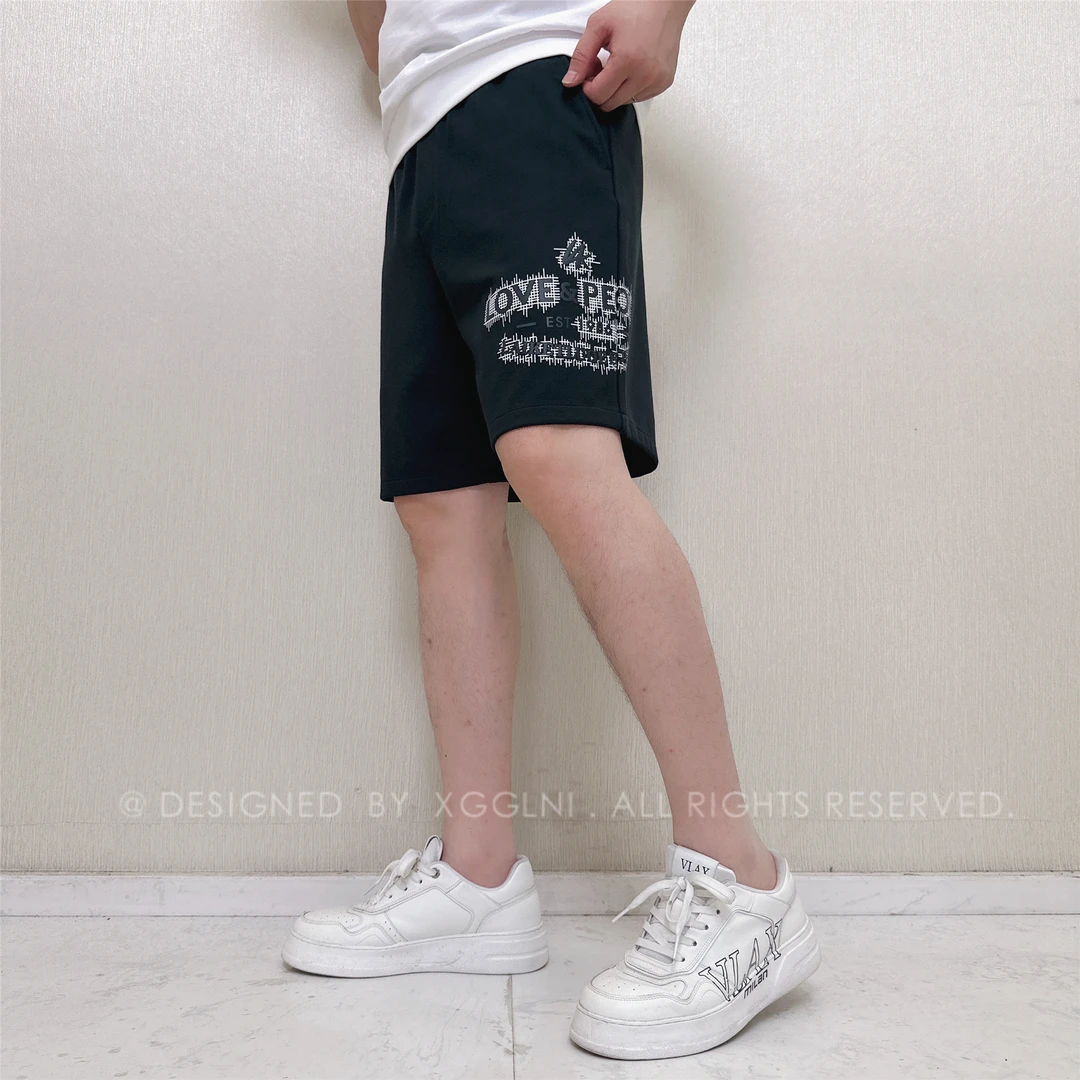 夏季款JX左腿烫胶LOVE字母时尚男款潮流高级感潮牌男裤休闲裤短裤