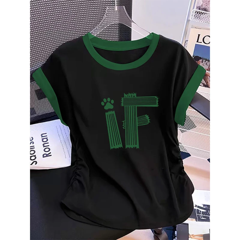 2025新款拼色小飞袖修身正肩短袖t恤女收腰显瘦百搭圆领夏季上衣