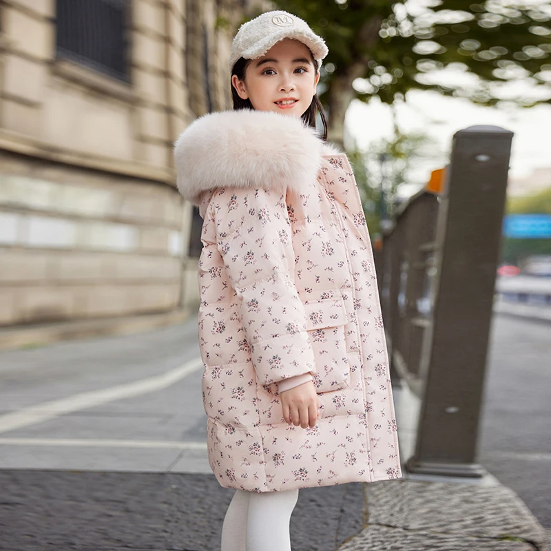巴拉童年女童碎花羽绒服2026新款中长款冬季加厚保暖连帽洋气