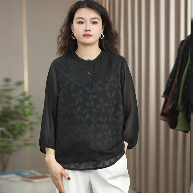 火袖F726春夏新款黑色圆领重工提花套头气质减龄小衫遮肉显瘦上衣